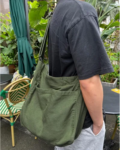 Vista 2 de Bolso bandolera de lona para mujeres y hombres con múltiples bolsillos, casual, bolsa de mensajero, viajes, trabajo