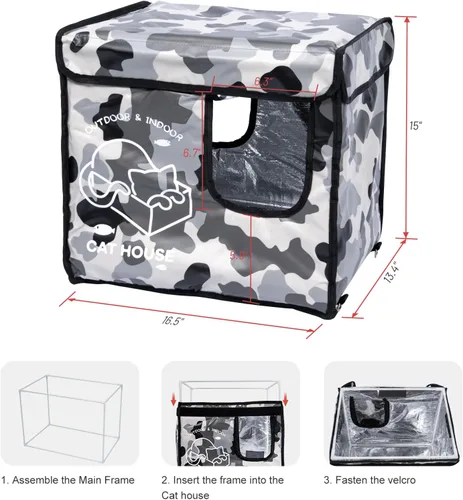 Vista 6 de Casa indestructible para gatos al aire libre con puerta de escape de dos caras, aislada y 100% impermeable, exterior resistente a la intemperie
