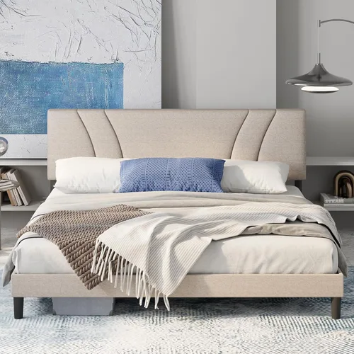 Vista 9 de Avenco - Base de cama tamaño matrimonial con plataforma tapizada y cabecera ajustable, soporte de listones de madera, fácil montaje, no necesita