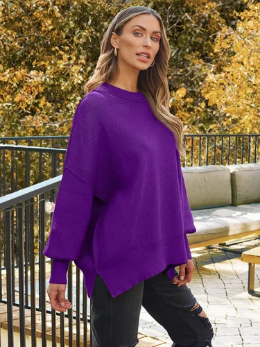 Vista 218 de Lillusory - Suéter extragrande con mangas de murciélago y cuello redondo para mujer, prenda moderna de otoño de tejido de punto sin botones