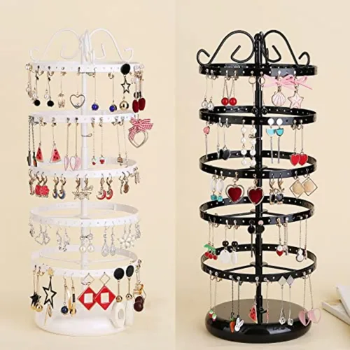 Vista 5 de Soporte organizador de joyas, 220 pares de soportes para pendientes, 220 agujeros, soporte de metal, torres colgantes, giratorio y ajustable, negro