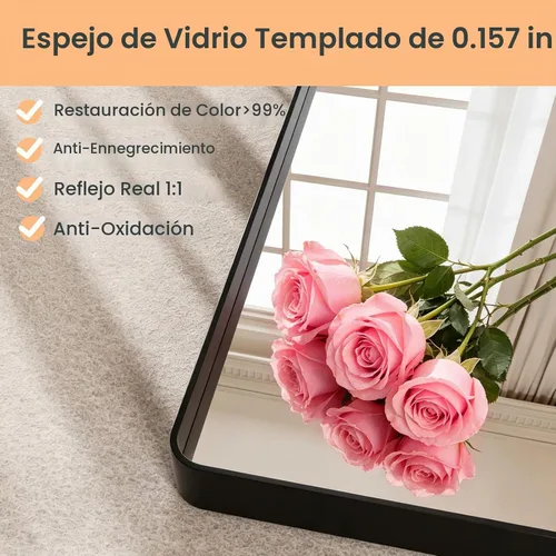 Vista 4 de JISOSO - Espejo de baño negro de 20x30 pulgadas con marco de metal negro, espejo de tocador rectangular redondeado con acabado mate para pared