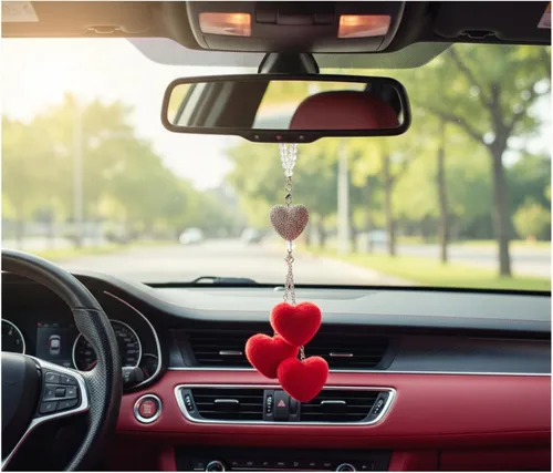 Vista 9 de Frienda Espejo retrovisor rojo para mujer, accesorios brillantes con forma de corazón con diamantes de imitación para colgar en el espejo trasero