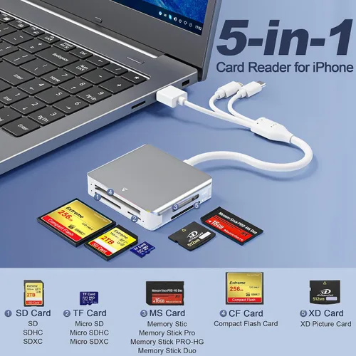 Vista 3 de Adaptador de Memory Stick Pro Duo 5 en 1, lector de tarjetas SD USB C para iPhone con conectores Lightning/USB-C/USB 3.0, compatible con tarjetas
