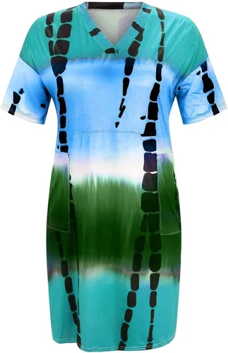 Vista 3 de XCWER Vestido de verano para mujer, talla grande, acampanado, cuello en V, manga corta, largo hasta la rodilla, bolsillos, casual, diario, camiseta