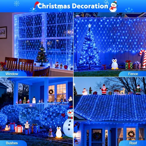 Vista 3 de JMEXSUSS 200 luces LED azules de red de Navidad, 9.8 pies x 6.6 pies, luces de arbusto de Navidad conectables con control remoto, 8 modos, luz