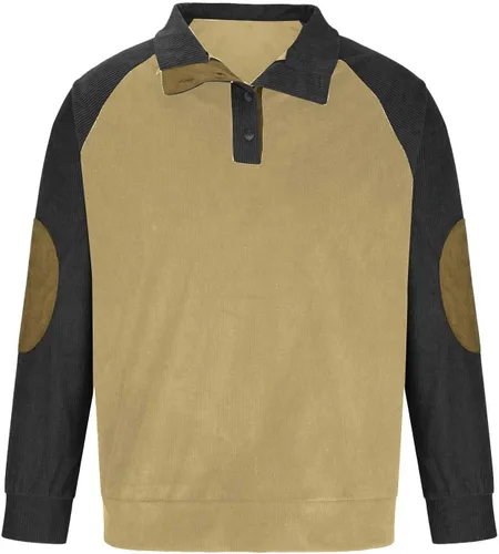 Vista 2 de Camisa de pana para hombre, cuello de solapa, botones, cuello alto, manga larga, suéteres tipo polo con parches en los codos