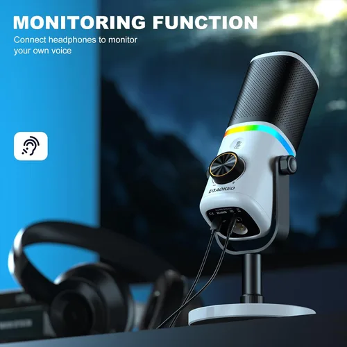 Vista 6 de Aokeo Micrófono para PC, AK-10 USB/XLR Micrófono de escritorio dinámico para juegos, podcast, transmisión con luz RGB, control de volumen, botón