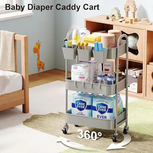 Vista 4 de Carrito rodante de 3 niveles de metal gris, carrito de almacenamiento de malla con asa y ruedas con cerradura, carritos organizadores