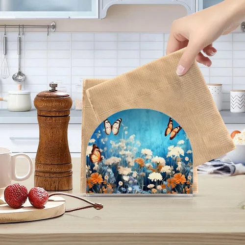 Vista 6 de Servilleteros de flores moradas con mariposas para mesas, servilleteros de acrílico transparente, servilleteros de cóctel para cocina, restaurante