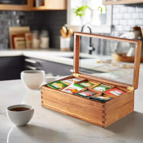 Vista 6 de KITEISCAT Caja organizadora de té de madera de acacia, 8 compartimentos, solución de almacenamiento multifuncional para bolsitas de té
