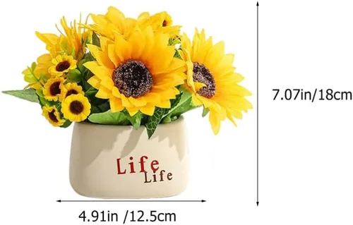 Vista 7 de HOMSFOU Planta simulada de girasol en maceta, 2 piezas, decoración de bonsái artificial para interiores para sala de estar, centro de mesa