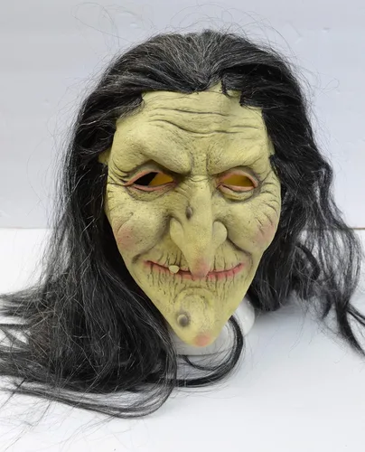 Vista 2 de Máscara de bruja de Halloween aterradora realista cosplay máscara de disfraz antiguo con cabello