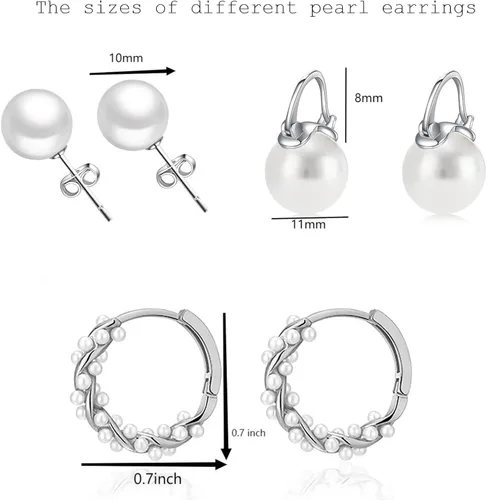 Vista 3 de 3 pares de aretes de perlas para mujer, aretes de perlas de oro, aretes de perlas, aretes colgantes de perlas de plata de ley S925 con poste