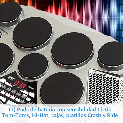 Vista 7 de Pyle, PTED06, tablero de batería electrónica con bocinas integradas, pedales de pie y kit de palillos de batería