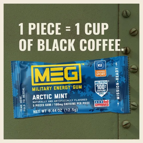 Vista 6 de MEG - Goma de mascar energética militar - Arctic Mint 100 mg de cafeína por pieza para rendimiento físico, impulso de energía para entrenamientos