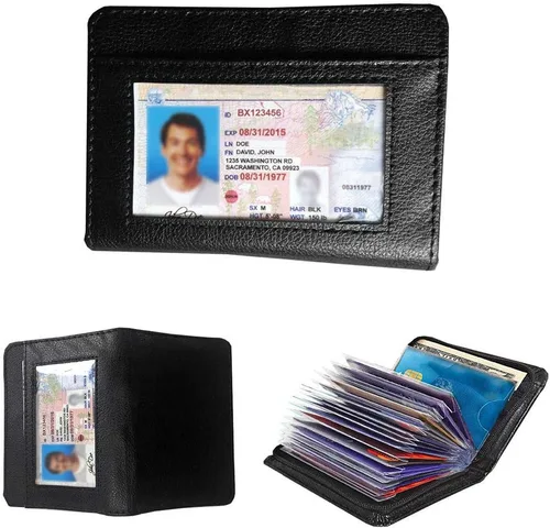 Vista 2 de Cartera de piel con bloqueo RFID para hombres y mujeres con cremallera, gran capacidad de almacenamiento, Marrón, Negro