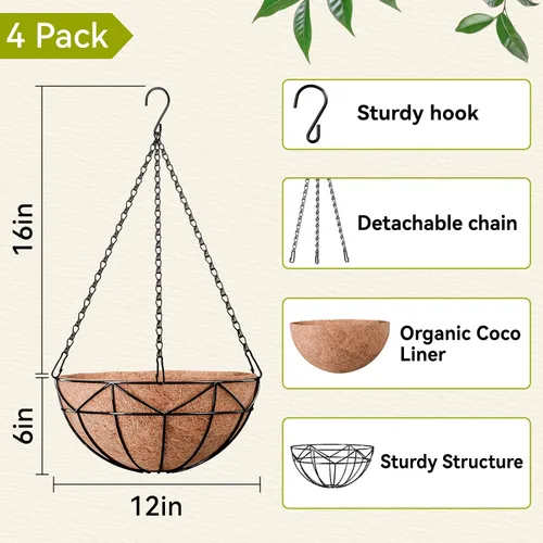 Vista 2 de Halatool - Paquete de 4 macetas colgantes de 12 pulgadas para plantas al aire libre - Pequeños colgadores de jardín con revestimiento de coco