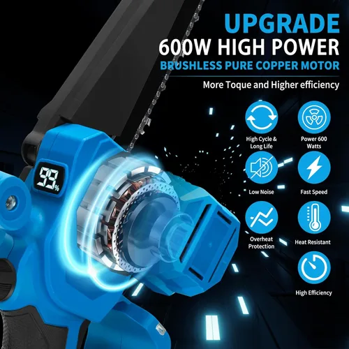Vista 6 de Mini motosierra inalámbrica, de 8 y 6 pulgadas con 2 baterías de 4.0 Ah, 4 cadenas, 4 placas guía, indicador LED, motosierra eléctrica sin