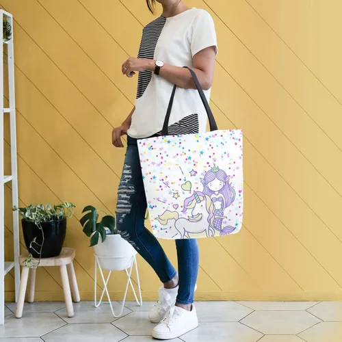 Vista 2 de SUABO Bolsa de asas de cocina reutilizable para comestibles, bolsa de compras de lona para exteriores Unicornio Sirena Chica