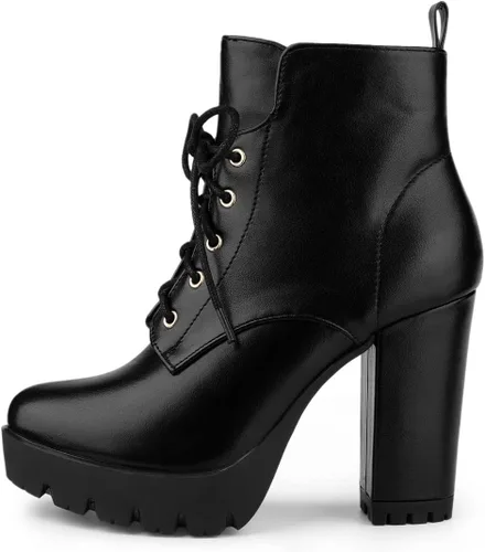 Vista 6 de Allegra K Botas de plataforma con cordones y tacón grueso con punta redonda para mujer