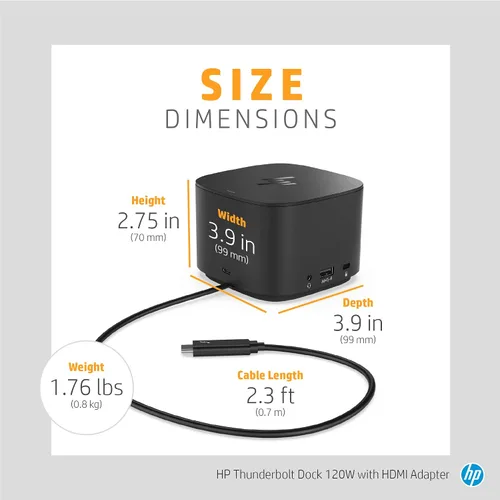 Vista 3 de HP Base Thunderbolt de 120 W con adaptador HDMI, estación de acoplamiento universal USB-C, un cable, múltiples conexiones, con una sola conexión