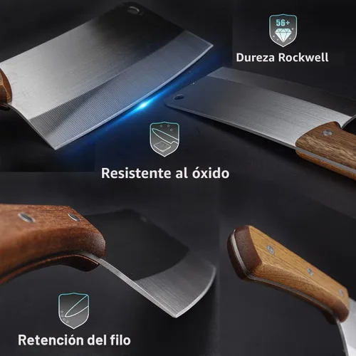 Vista 2 de Cuchillo de carnicero resistente de 7 pulgadas, cuchillo de carnicero para cortar huesos, acero inoxidable alemán de alto carbono, mango de madera