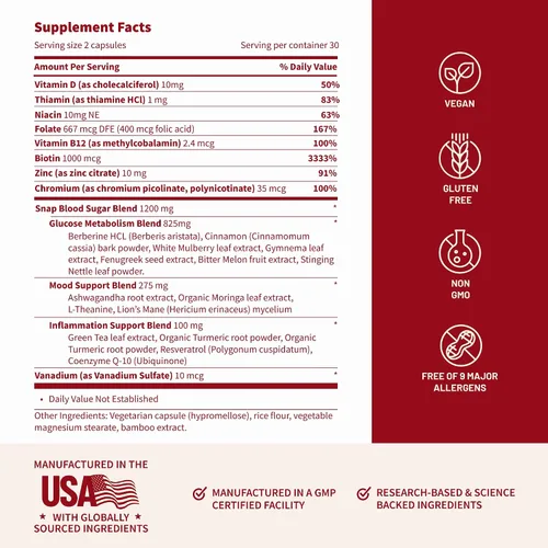 Vista 8 de Snap Supplements Mezcla de azúcar en sangre con berberina, CoQ10, canela, ácido alfa lipoico y Gymnema para apoyar el azúcar en sangre ya saludable