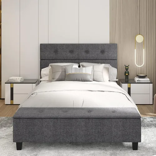 Vista 6 de KOMFOTT Base de cama tapizada de tamaño matrimonial con almacenamiento otomano, base de colchón moderna con cabecera copetuda con botones, base