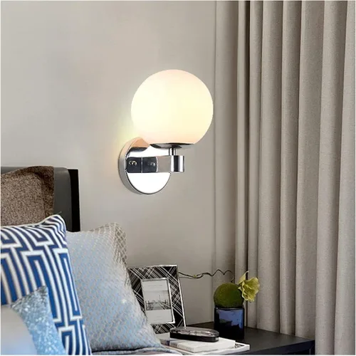 Vista 4 de Lámpara de pared con forma de globo, lámpara de pared de vidrio blanco, lámparas montadas en la pared de mediados de siglo E27, luces de cabecero