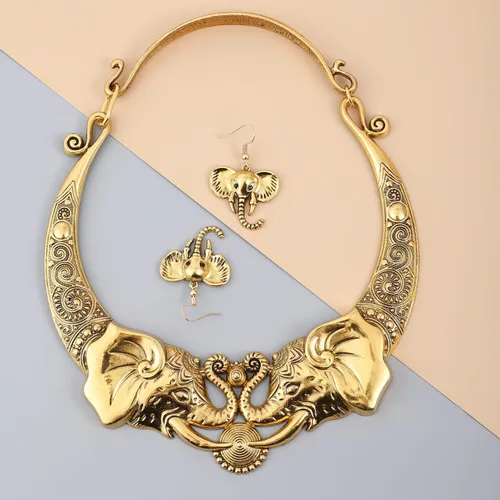 Vista 2 de Shop LC Elephant Earrings & Necklace Set - Jewelry for Women - Chunky Statement Jewelry Set in Ion Plated Yellow & Rose Gold & Stainless Steel - 16