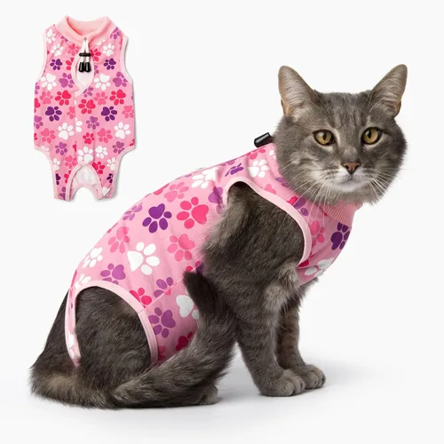 Vista 16 de Traje de recuperación para gatos: Traje de poscirugía azul suave para gatos con diseño de huella de pata - Traje de recuperación elástico