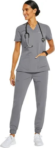 Vista 5 de Jaanuu Camiseta quirúrgica relajada con cuello en V para mujer de 3 bolsillos