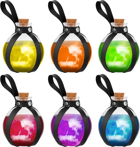 Vista 9 de Patelai 2 botellas de poción de vidrio de Halloween con cinturón, corcho, accesorios de disfraz de bruja renacentista, botella de poción