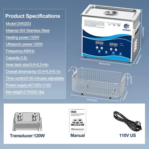 Vista 9 de Limpiador ultrasónico Granbo 3.2L 120W máquina ultrasónica de limpieza de joyería 40kHz con calentador, temporizador y desgasificación, limpiador