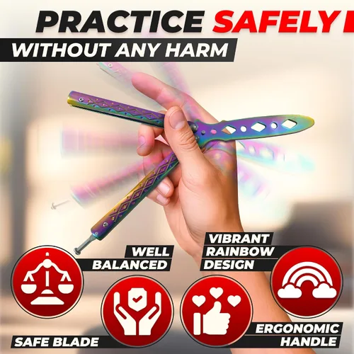 Vista 4 de Rainbow - Cuchillo de mariposa de práctica de 8.2 pulgadas con hoja embotada, cuchillo de mariposa de entrenamiento de metal con asas fuertes
