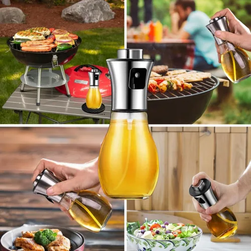 Vista 6 de Pulverizador de aceite de oliva para cocinar, paquete de 6.8 fl oz, embudo, cepillo, bandeja de goteo incluida, pulverizador de aceite para cocinar