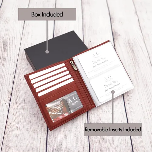 Vista 5 de ag wallets Billetera de cuero de napa RFID para hombre con 2 ventanas de identificación, billetera grande para hombre, billetera plegable