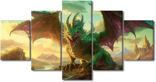 Vista 41 de Lienzo decorativo para pared de sala de estar, lienzo de dragón, 5 paneles, dragón verde, decoración de pared para el hogar, decoración de pared