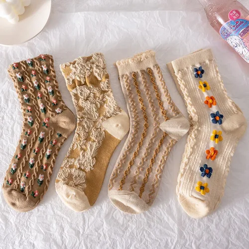Vista 8 de Juego de 6 pares de calcetines de algodón transpirables de punto floral para mujeres y niñas