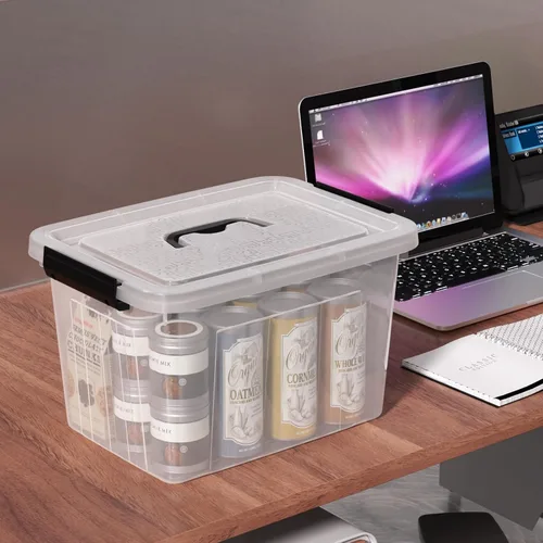 Vista 7 de Caja de almacenamiento transparente de 22 L con asas, contenedor de plástico con tapa de cierre, paquete de 4