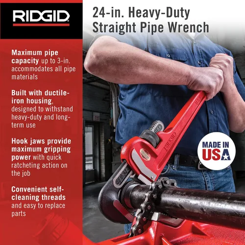 Vista 2 de RIDGID 31030 - Llave de tubería recta de servicio pesado, llave de fontanería resistente de 24 pulgadas con hilos autolimpiantes y mordazas
