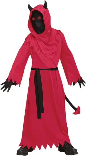 Vista 3 de Disfraz de Halloween de miedo disfraz de parca roja sombría disfraz de demonio para niños y niños con ojos rojos brillantes y tenedor del diablo