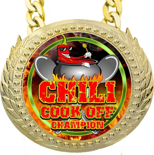 Vista 2 de Express Medals Chili Cookoff Cooking Champ Chain Trophy Award con una placa central de 6 x 5.25 pulgadas e incluye una cadena de 34 pulgadas