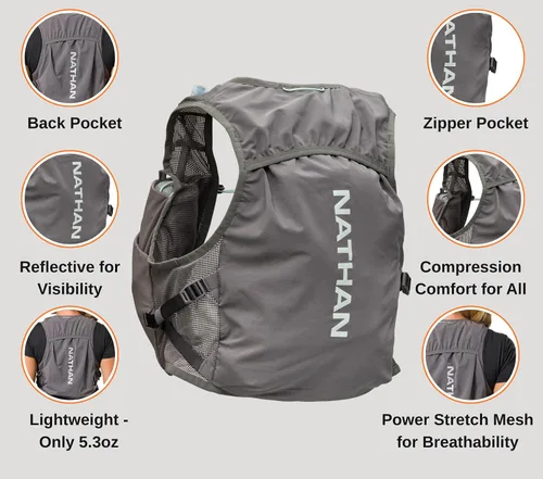 Vista 4 de Nathan - Chaleco de hidratación para mujer - Malla ligera, transpirable, 2 frascos de 14 oz, vejiga de 2 L, chaleco reflectante, Pinnacle Breeze