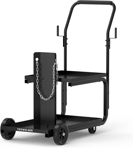 Vista 15 de YESWELDER Carro de Soldadura, de 2 Niveles con 2 Cajones para Soldador MIG, Soldador TIG y Cortador de Plasma, Almacenamiento de Tanques, Cadenas