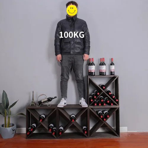 Vista 5 de Estantes de vino para encimera, madera maciza, apilables, cubo rústico retro, 48 botellas, estante de vino de madera (48 botellas, negro)