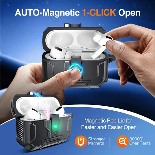Vista 3 de Amoured AutoPOP - Funda para AirPods Pro de 1ª generación con cerradura y llavero, protección resistente de 360° y mecanismo de apertura de 1 clic