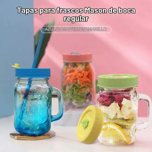 Vista 5 de Tapas para frascos de boca regular, tapas de plástico para conservas de boca regular con agujero para pajilla, popotes de plástico, tapones