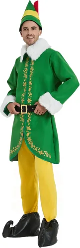 Vista 3 de Disfraz de elfo para hombre, traje de Navidad para adultos, 5 piezas, traje de lujo para parejas, cosplay, vacaciones, Halloween, fiesta de Navidad